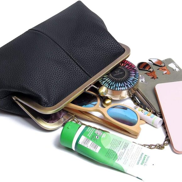 Women PU Leather Kiss Lock Clutch with Chain Strap Evening Shoulder Bag - Picture 5 of 6